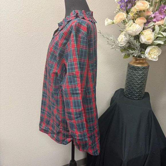 Talbots Plus Red Green Plaid Ruffle Neck Blouse XL Holiday Fall Winter Top - Picture 2 of 7